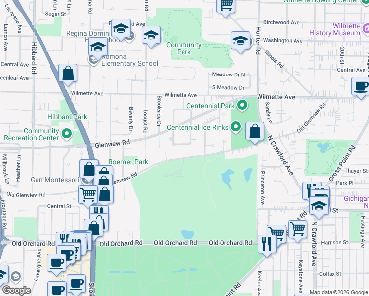map of restaurants, bars, coffee shops, grocery stores, and more near 326 East Wilshire Drive in Wilmette