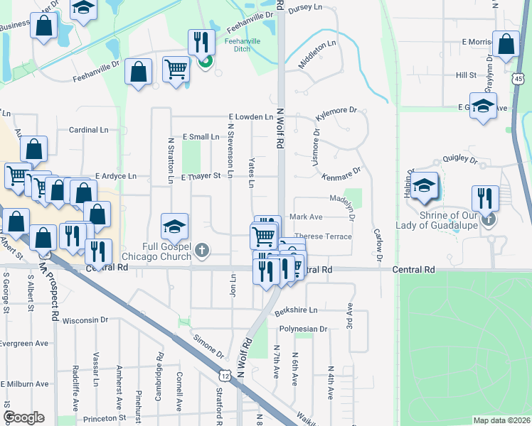 map of restaurants, bars, coffee shops, grocery stores, and more near 1511 Mark Drive in Mount Prospect