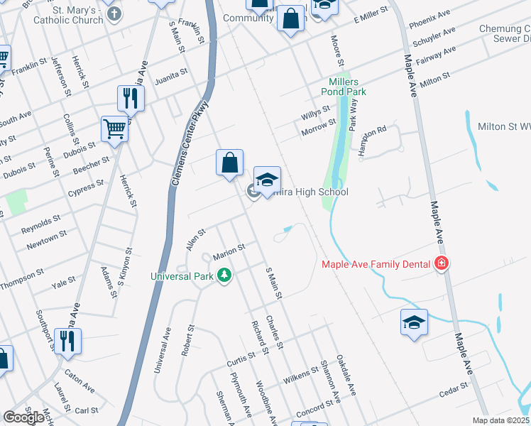 map of restaurants, bars, coffee shops, grocery stores, and more near 777 South Main Street in Elmira
