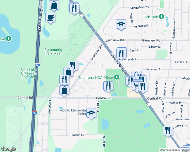 map of restaurants, bars, coffee shops, grocery stores, and more near 10389 Forum Square in Glenview