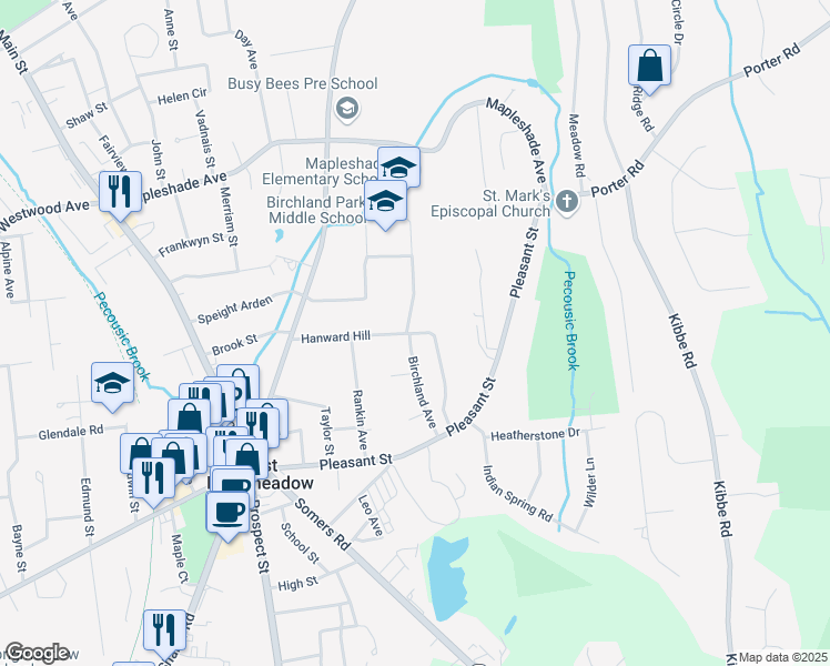 map of restaurants, bars, coffee shops, grocery stores, and more near 50 Hanward Hill in East Longmeadow