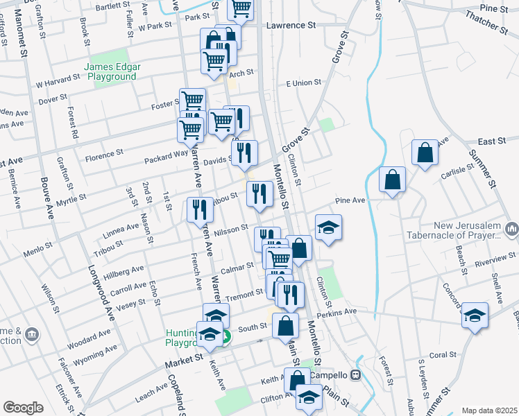 map of restaurants, bars, coffee shops, grocery stores, and more near 5 Grand Street in Brockton