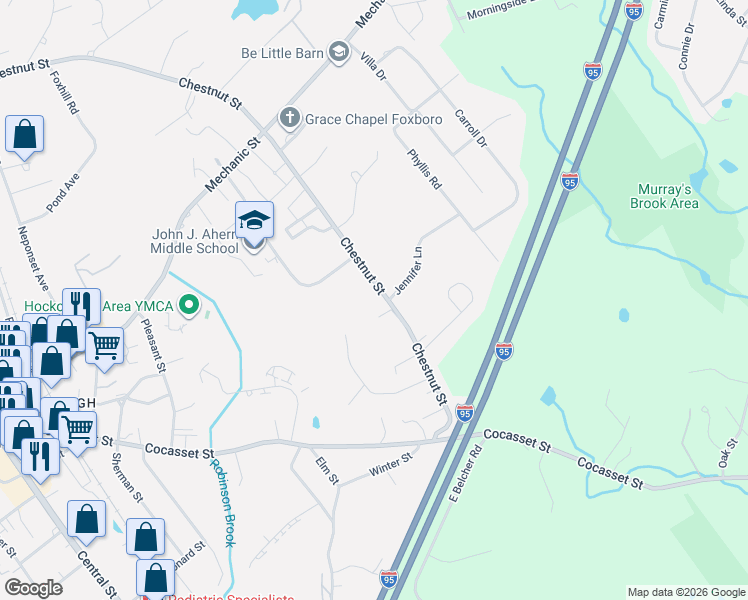 map of restaurants, bars, coffee shops, grocery stores, and more near 164 Chestnut Street in Foxborough