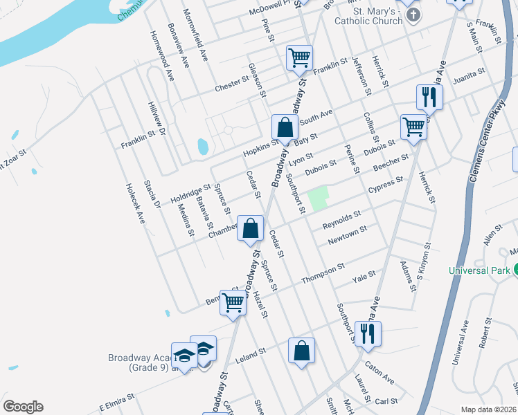 map of restaurants, bars, coffee shops, grocery stores, and more near 722 Broadway Street in Elmira