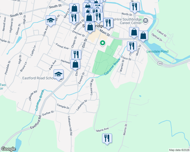 map of restaurants, bars, coffee shops, grocery stores, and more near 48 Cohasse Street in Southbridge