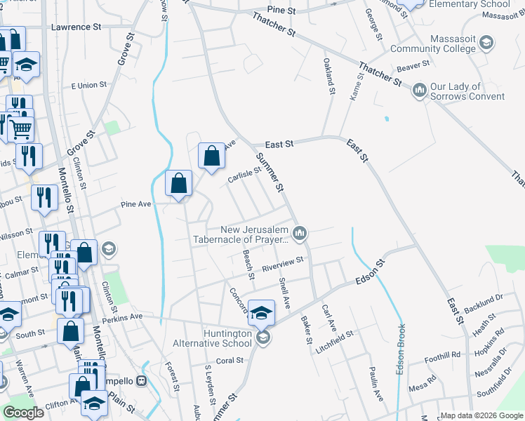map of restaurants, bars, coffee shops, grocery stores, and more near 40 Kenneth Avenue in Brockton