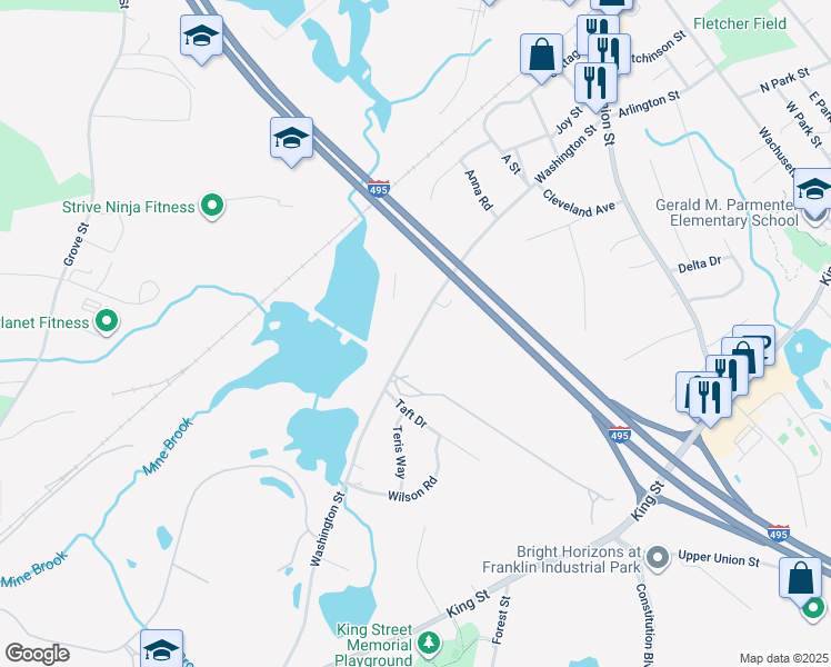 map of restaurants, bars, coffee shops, grocery stores, and more near 230 Washington Street in Franklin