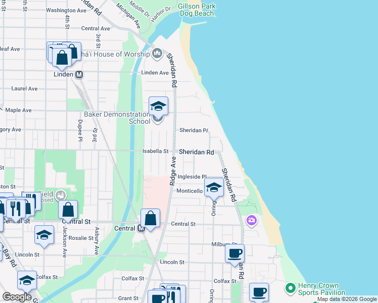 map of restaurants, bars, coffee shops, grocery stores, and more near 2769 Sheridan Road in Evanston