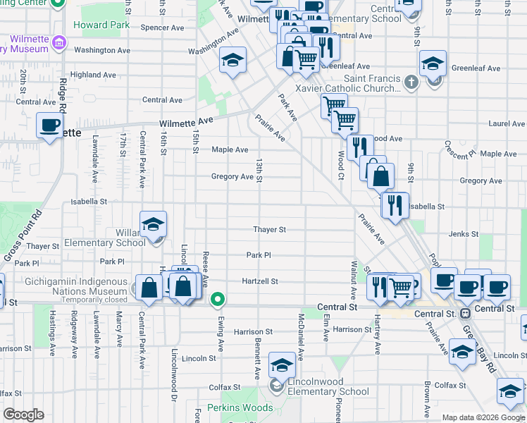 map of restaurants, bars, coffee shops, grocery stores, and more near 2752 Bennett Avenue in Evanston