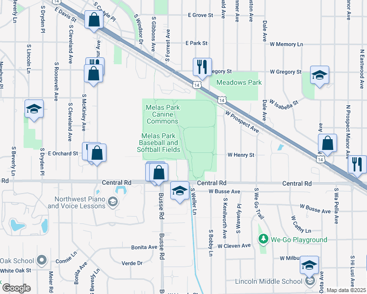 map of restaurants, bars, coffee shops, grocery stores, and more near Melas Park in Mount Prospect