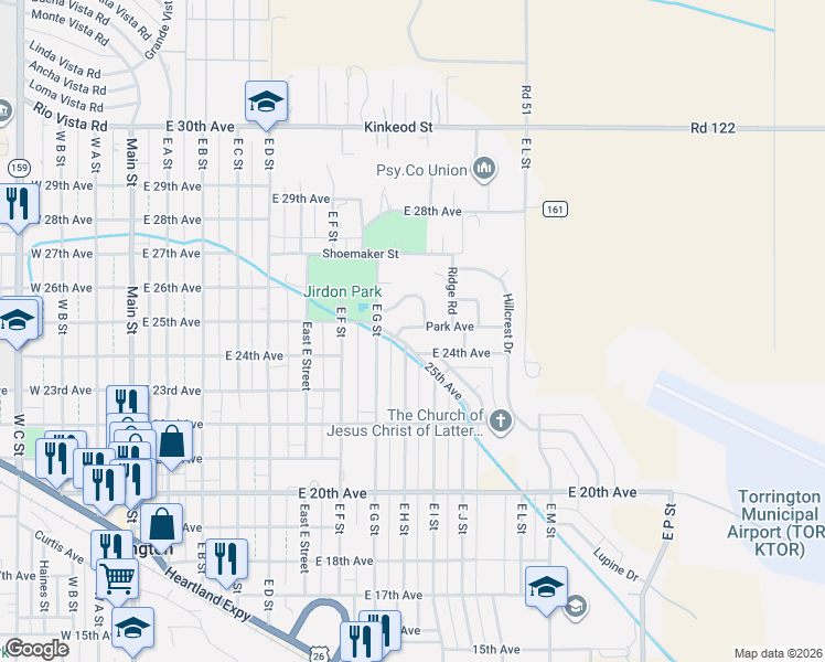 map of restaurants, bars, coffee shops, grocery stores, and more near 100-132 Park Avenue in Torrington
