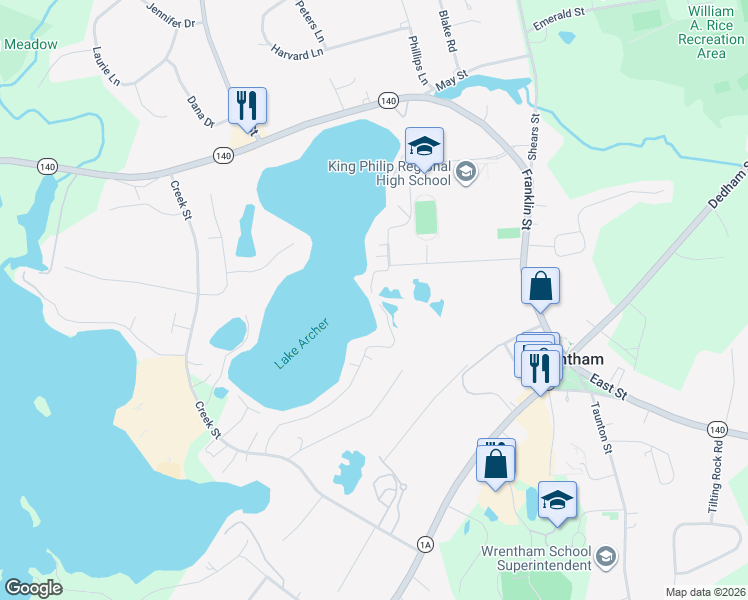 map of restaurants, bars, coffee shops, grocery stores, and more near 75 Lakeside Avenue in Wrentham