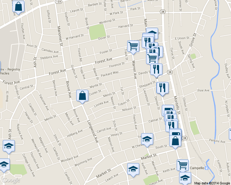 map of restaurants, bars, coffee shops, grocery stores, and more near 63 Menlo Street in Brockton