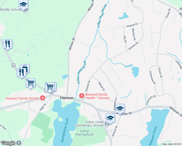 map of restaurants, bars, coffee shops, grocery stores, and more near 135 Gorwin Drive in Hanson