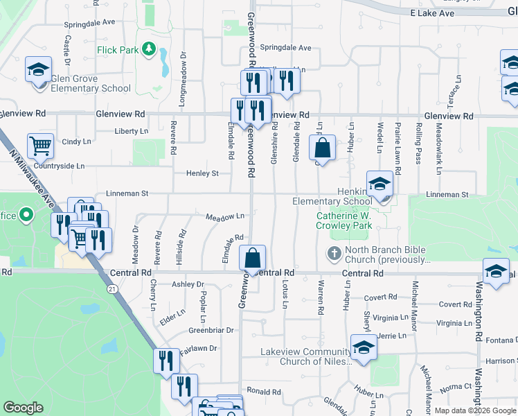 map of restaurants, bars, coffee shops, grocery stores, and more near 714 Glenshire Road in Glenview
