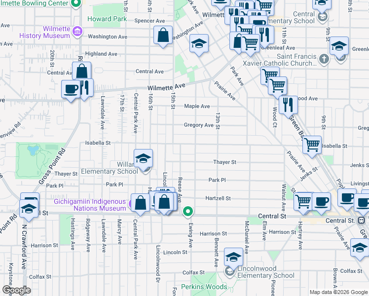 map of restaurants, bars, coffee shops, grocery stores, and more near 2760 Reese Avenue in Evanston