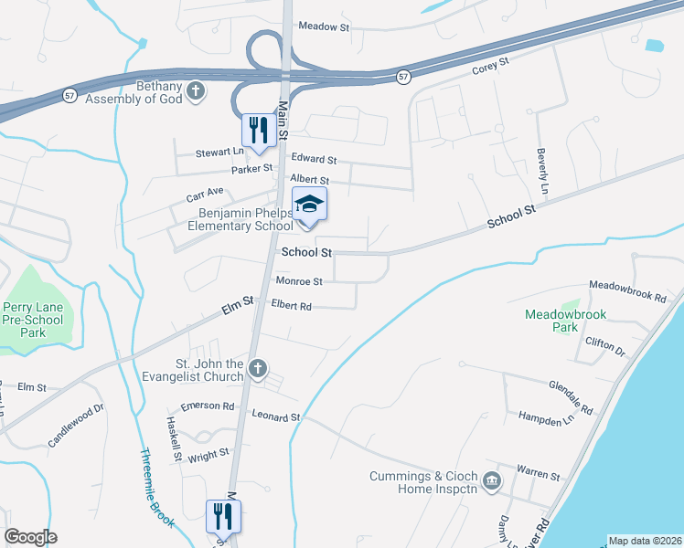 map of restaurants, bars, coffee shops, grocery stores, and more near 60 School Street in Agawam