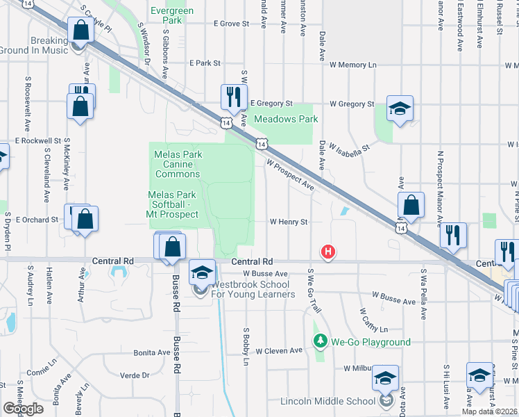 map of restaurants, bars, coffee shops, grocery stores, and more near 108 North Kenilworth Avenue in Mount Prospect
