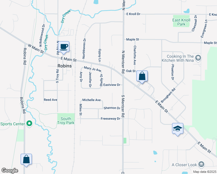 map of restaurants, bars, coffee shops, grocery stores, and more near 595 Eastview Drive in Robins