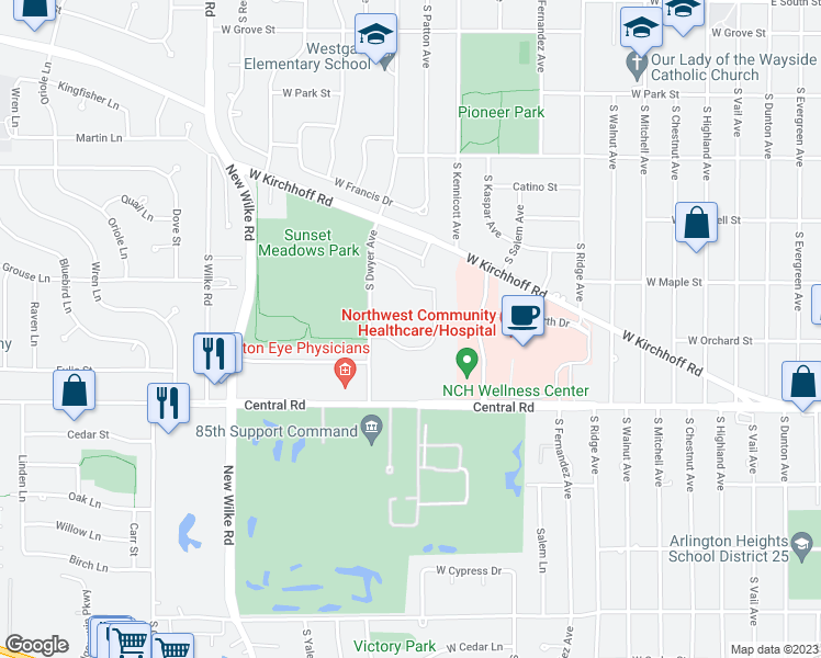 map of restaurants, bars, coffee shops, grocery stores, and more near 851 South Dwyer Avenue in Arlington Heights