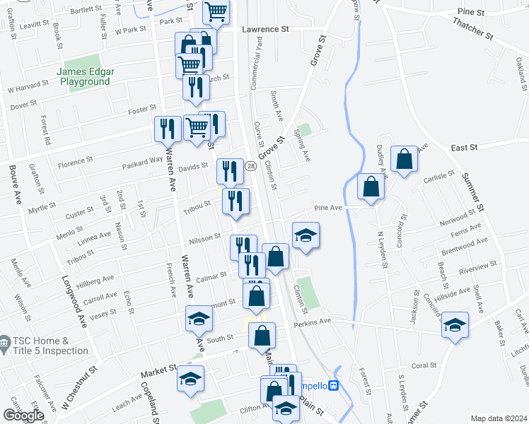 map of restaurants, bars, coffee shops, grocery stores, and more near 21 Grand Street in Brockton