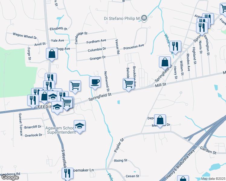 map of restaurants, bars, coffee shops, grocery stores, and more near 1162 Springfield Street in Agawam