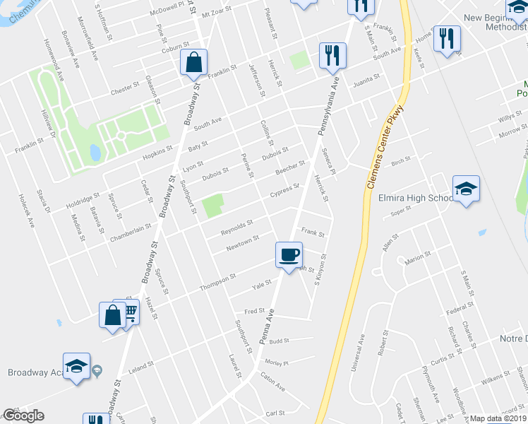 map of restaurants, bars, coffee shops, grocery stores, and more near 752 Perine Street in Elmira