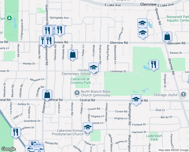 map of restaurants, bars, coffee shops, grocery stores, and more near 2941 Linneman Street in Glenview