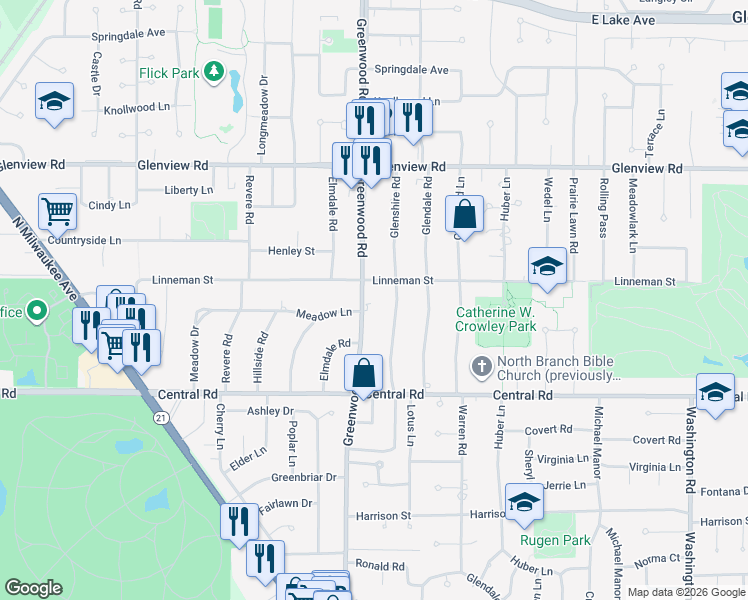 map of restaurants, bars, coffee shops, grocery stores, and more near 714 Glenshire Road in Glenview
