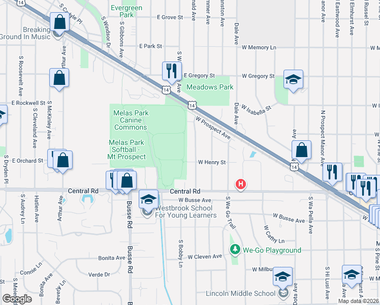 map of restaurants, bars, coffee shops, grocery stores, and more near 108 North Kenilworth Avenue in Mount Prospect