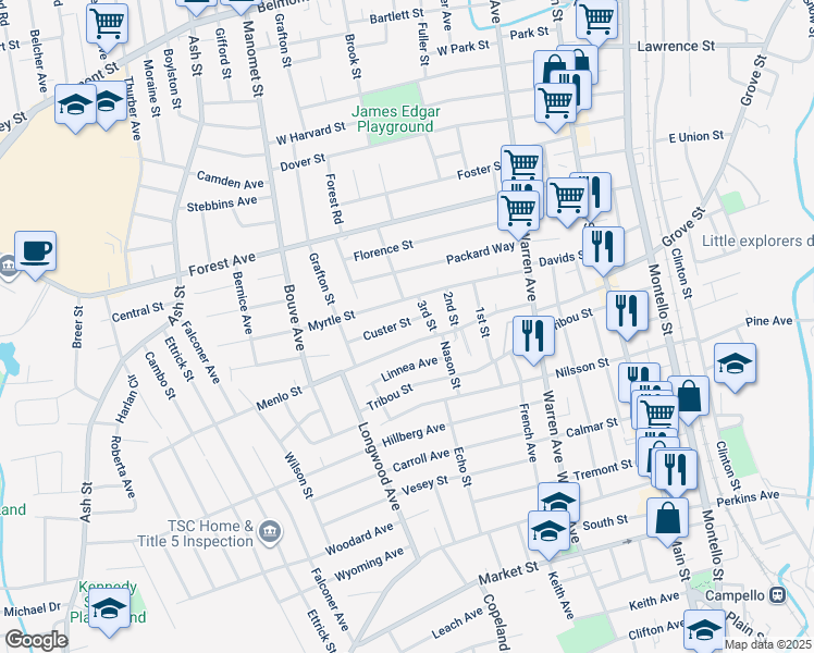 map of restaurants, bars, coffee shops, grocery stores, and more near 20 Custer Street in Brockton