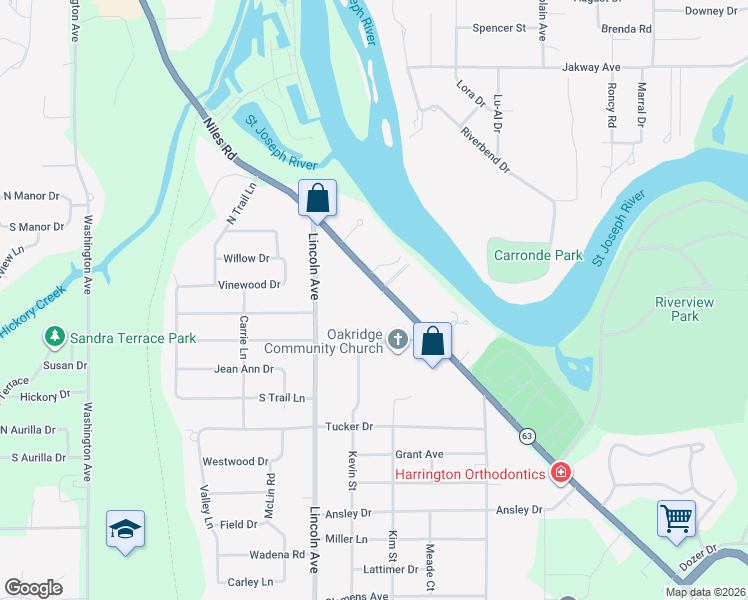 map of restaurants, bars, coffee shops, grocery stores, and more near 2670 Niles Road in St. Joseph