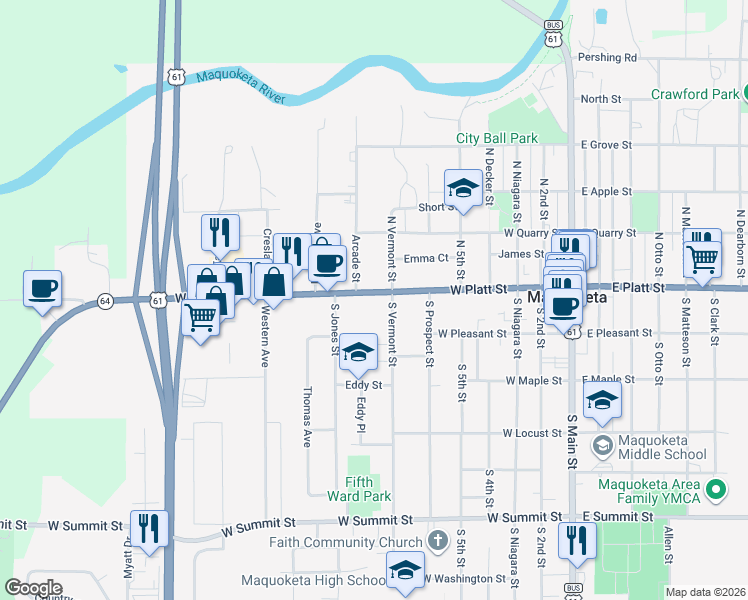 map of restaurants, bars, coffee shops, grocery stores, and more near 707 West Platt Street in Maquoketa