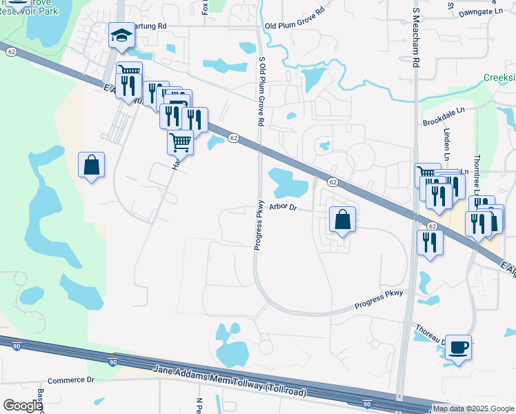 map of restaurants, bars, coffee shops, grocery stores, and more near Arbor Drive in Schaumburg