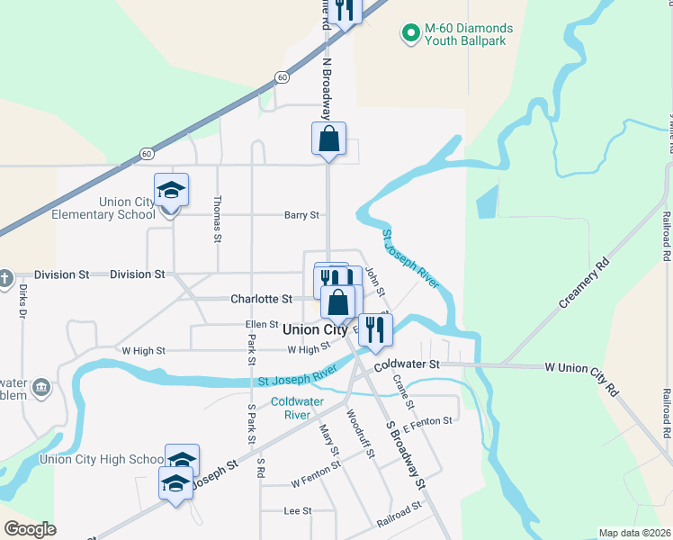 map of restaurants, bars, coffee shops, grocery stores, and more near 410 North Broadway Street in Union City