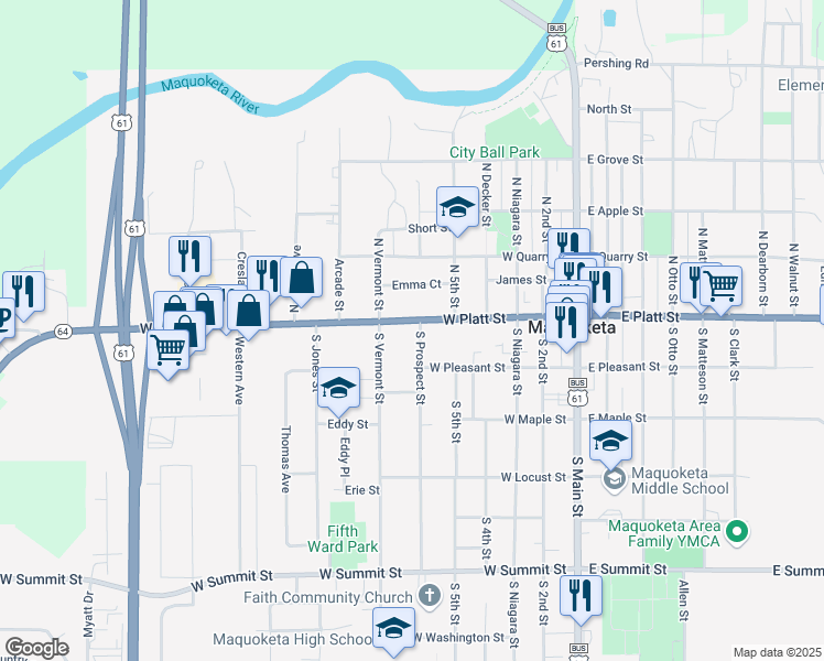 map of restaurants, bars, coffee shops, grocery stores, and more near 601 West Platt Street in Maquoketa