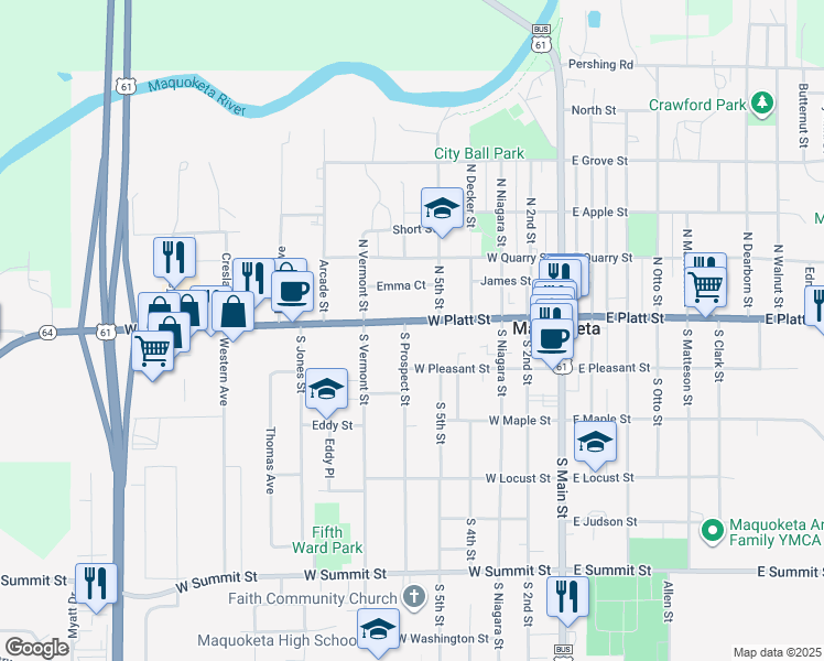 map of restaurants, bars, coffee shops, grocery stores, and more near 513 West Platt Street in Maquoketa