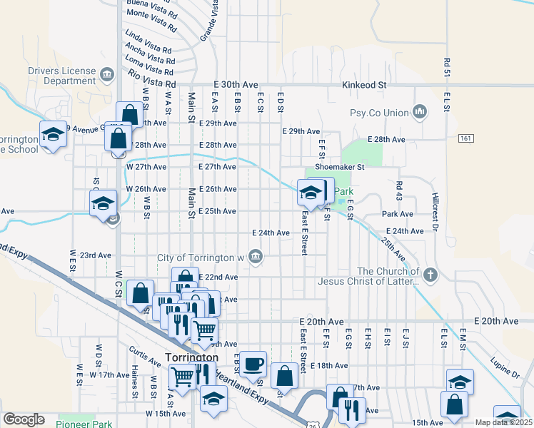 map of restaurants, bars, coffee shops, grocery stores, and more near 435 East 25th Avenue in Torrington
