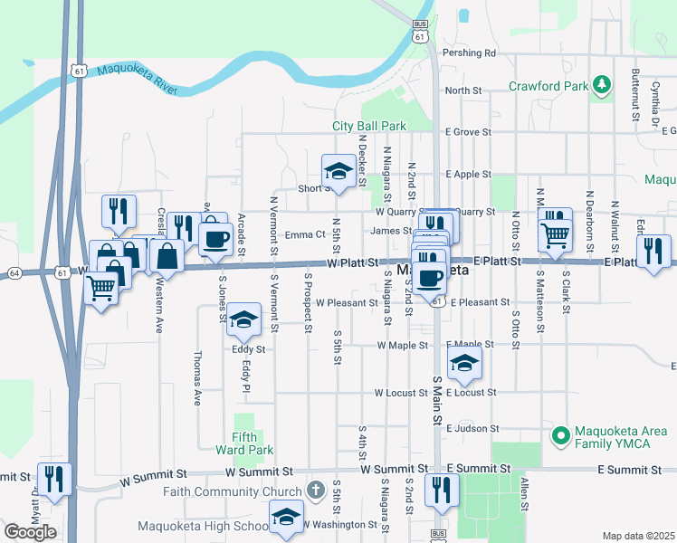 map of restaurants, bars, coffee shops, grocery stores, and more near 413 West Platt Street in Maquoketa