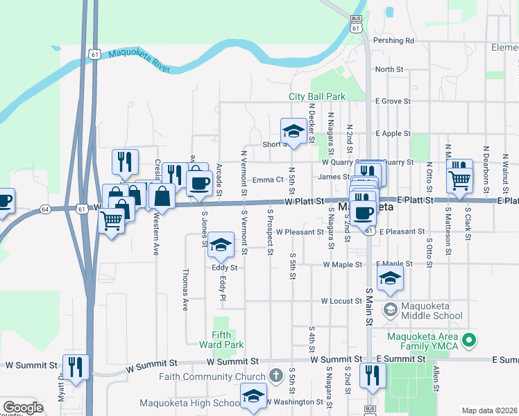 map of restaurants, bars, coffee shops, grocery stores, and more near 605 West Platt Street in Maquoketa