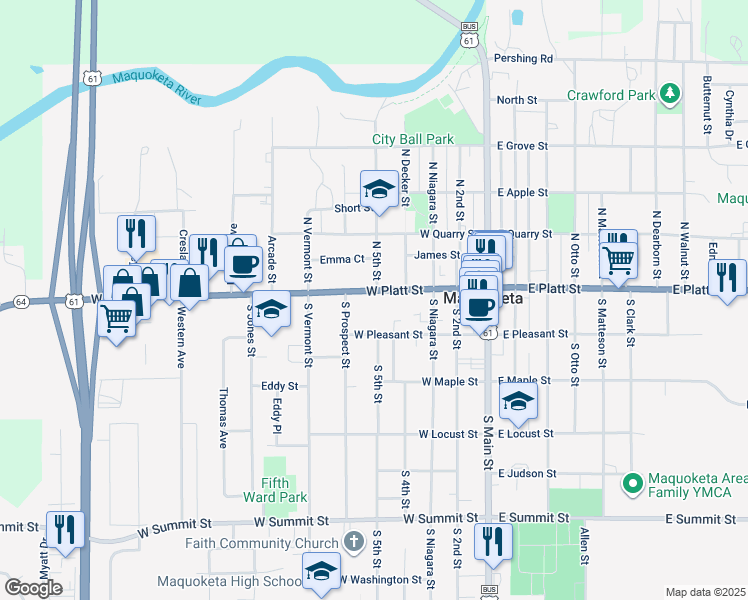map of restaurants, bars, coffee shops, grocery stores, and more near 501 West Platt Street in Maquoketa