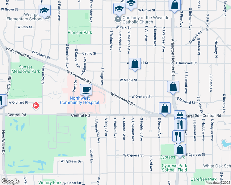 map of restaurants, bars, coffee shops, grocery stores, and more near 410 West Kirchhoff Road in Arlington Heights