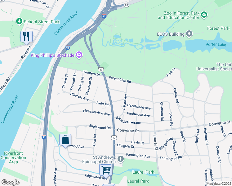 map of restaurants, bars, coffee shops, grocery stores, and more near 23 Fernleaf Avenue in Longmeadow