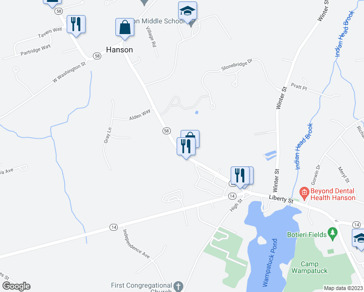 map of restaurants, bars, coffee shops, grocery stores, and more near 281 Liberty Street in Hanson