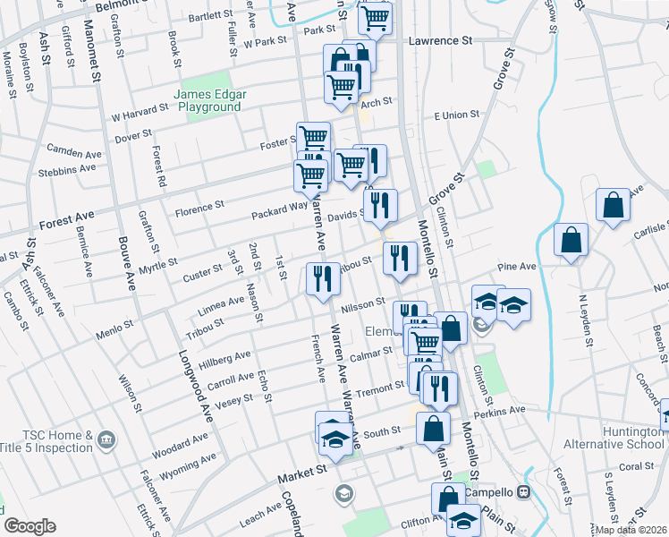 map of restaurants, bars, coffee shops, grocery stores, and more near 822 Warren Avenue in Brockton