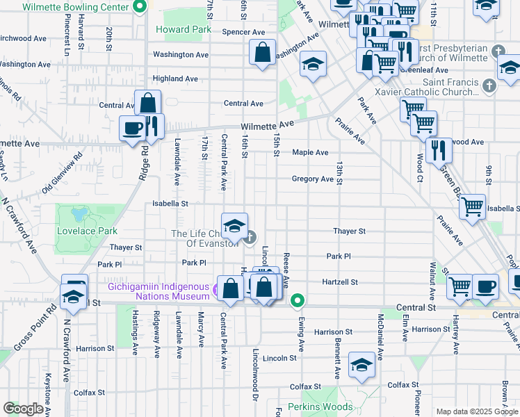 map of restaurants, bars, coffee shops, grocery stores, and more near 2760 Lincolnwood Drive in Evanston