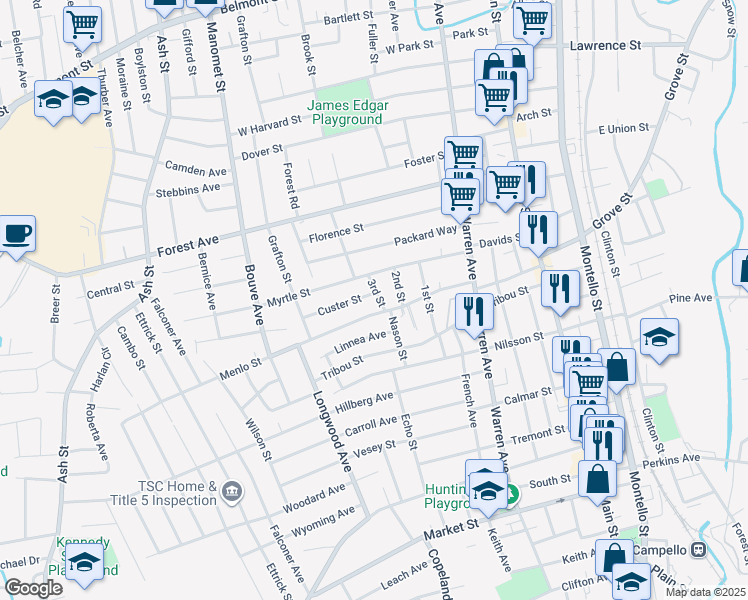 map of restaurants, bars, coffee shops, grocery stores, and more near 25 3rd Street in Brockton