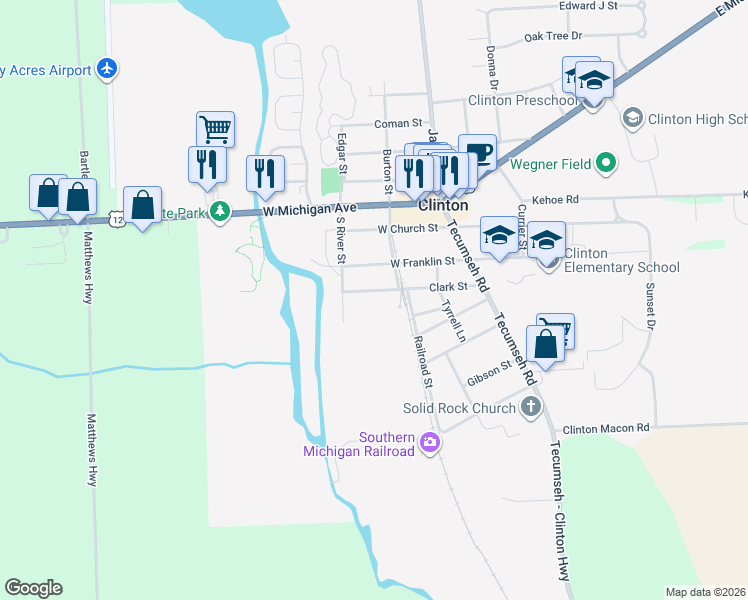 map of restaurants, bars, coffee shops, grocery stores, and more near 315 Clark Street in Clinton