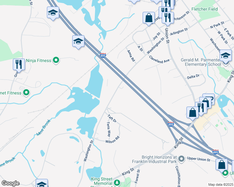 map of restaurants, bars, coffee shops, grocery stores, and more near 230 Washington Street in Franklin