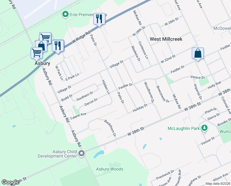 map of restaurants, bars, coffee shops, grocery stores, and more near 4439 Feidler Dr in Erie